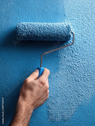 Home renovation, painting a wall blue, paint roller in hand, DIY concept