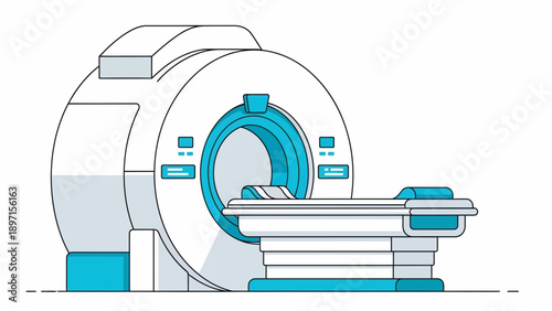 Showcasing an MRI machine with blue bed and gray controls in an angled illustration of the machine’s body and blue ring on a white backdrop