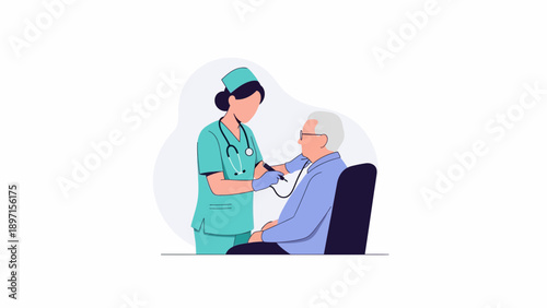 Cartoon illustration of a doctor measuring bloodpressure with a cuff on an elderly man seated in a chair, wearing teal scrubs and bun, white background