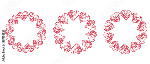 A collection of decorative heart-shaped wreaths for Valentine's Day. A set of simple lace hearts for wedding invitations.