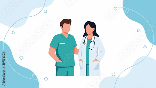 Doctor and nurse cartoon illustration standing together in white background with stethoscopes and scrubs