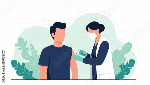 Man Receives Vaccination from Healthcare Professional with Syringe to Arm in Clinic Cartoon Setting, Left-to-Right View