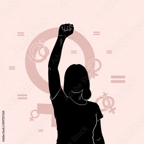 A woman silhouette raises her fist in solidarity with feminist symbols and icons surrounding her in a powerful display of female empowerment