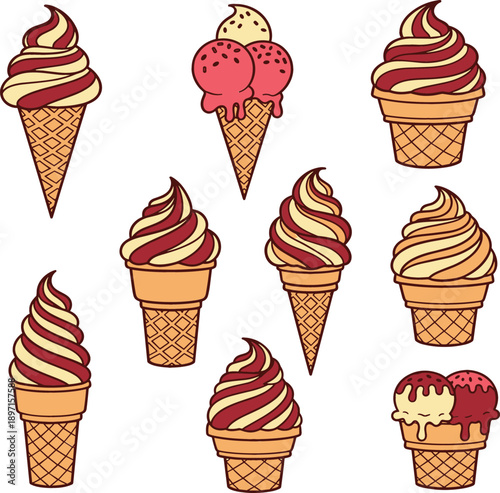 Ice cream cone and cup illustration set with different flavors, toppings and swirls isolated on white background cute flat vector style