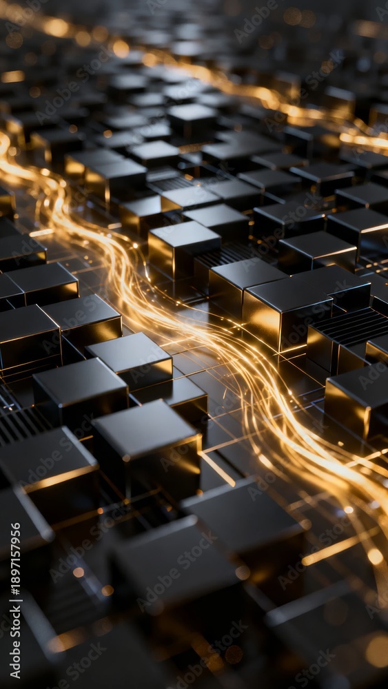 Obraz premium A futuristic digital landscape featuring a grid of black cubes illuminated by glowing golden light trails evoking advanced technology and data flow.