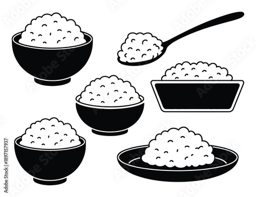 Black and White Illustrations of Rice in Bowls and Spoon