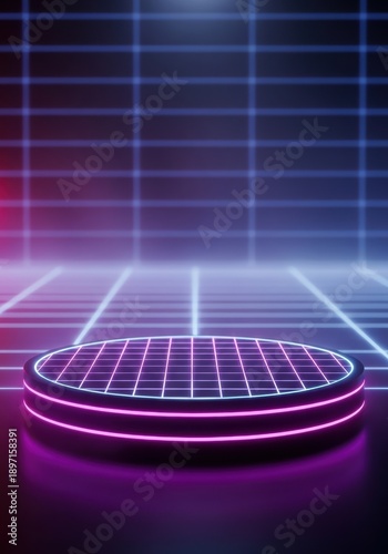 Retrofuturistic neon grid stage with glowing podium for product display