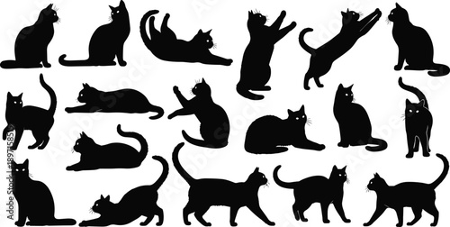 Black cat silhouettes collection, feline poses, sitting, stretching, walking, lying down, jumping, playing, animal illustration, pet design, vector art, minimal style