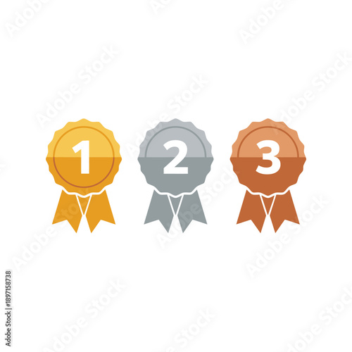 A set of three colorful award medals, featuring gold for first, silver for second, and bronze for third place, each with a ribbon.