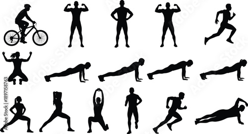 Collection of fitness and gym silhouettes featuring athletes running, cycling, and performing strength exercises, black vector icons for sports branding. (20 words)
