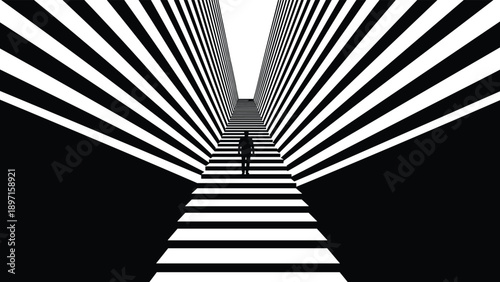Conceptual silhouette of man climbing endless stairs with geometric stripes, minimalist black and white vector for career growth and success. (20 words)
