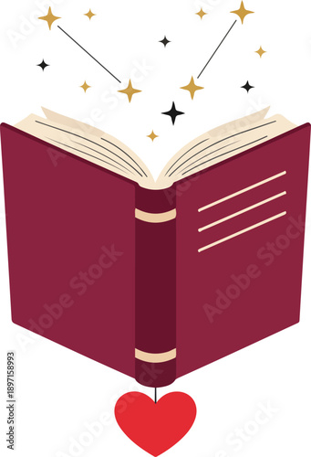 An open magical book radiates golden stars and imagination, tethered by a loving heart bookmark