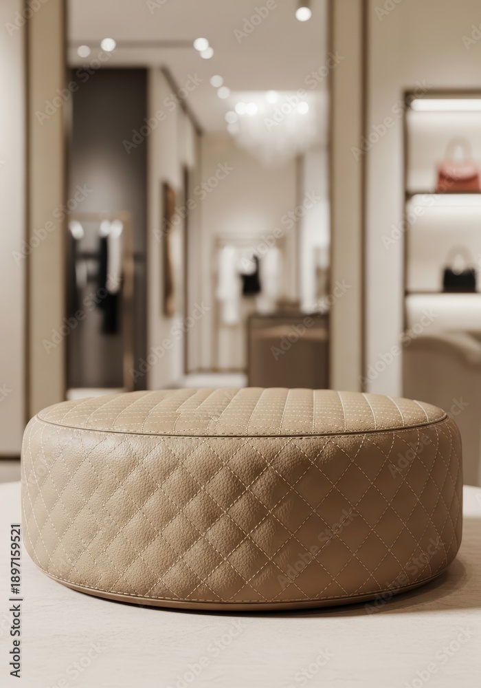 Naklejka premium Elegant quilted leather ottoman in a luxury boutique setting with soft lighting
