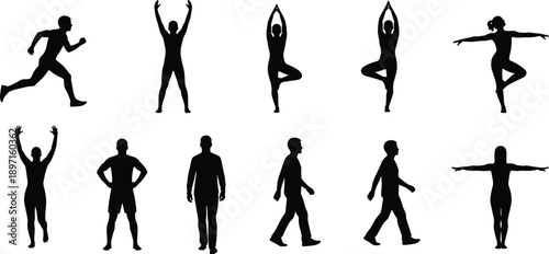 People silhouettes set showing walking running standing yoga poses, men women human body actions isolated white background vector