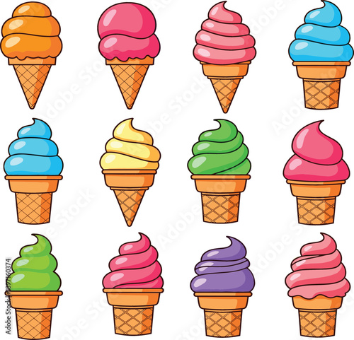 Conjunto vectorial de conos de helado coloridos con diferentes sabores y remolinos brillantes en un lindo estilo de dibujos animados plano.