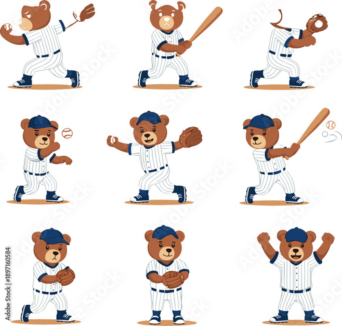 Vector plano de un lindo oso de béisbol con una pose de animal divertida y atractiva para la marca.
