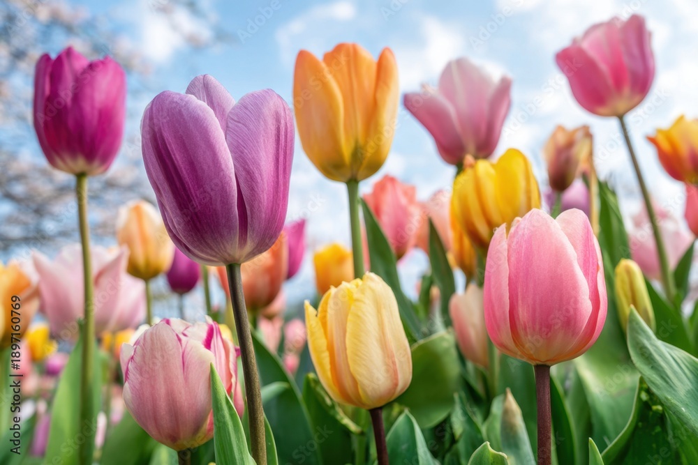 Obraz premium Vibrant tulip flowers blooming under a bright blue sky