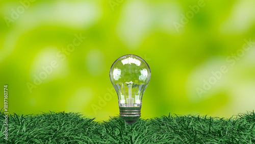Schilderij op canvas Eco Friendly Energy Light Bulb on Green Grass 3d render.