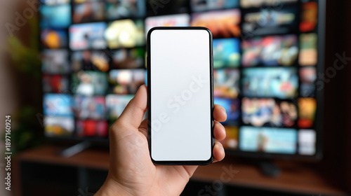 Hand Holding Smartphone with Blank Screen in Modern Living Room, Mobile App Mockup with Smart TV Background for UI, UX, Advertising, and Digital Marketing Presentation