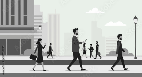 People Walking on City Street Illustration.