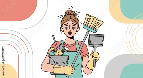 Tired Woman with Cleaning Supplies Exhausted from Housework.