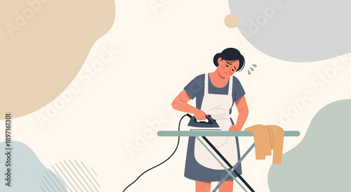 Woman Ironing Clothes with Concentration and Determination.