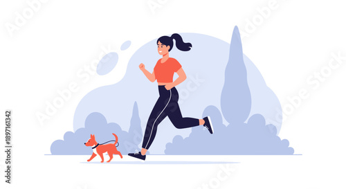 Woman Jogging with Dog Fitness and Healthy Lifestyle Illustration.