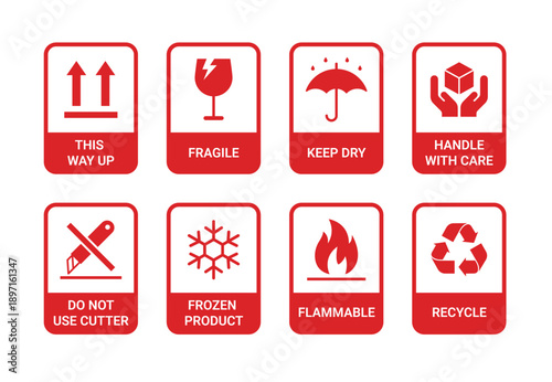 Set of 8 red packaging handling icons. Standard shipping symbols including Fragile, Keep Dry, and Handle with Care in flat vector style, perfect for logistics, box labels, and delivery stickers.