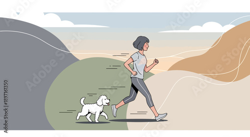Woman Jogging with Dog in Nature Illustration.