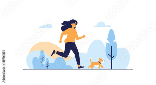Woman Jogging with Dog Health and Fitness Illustration.