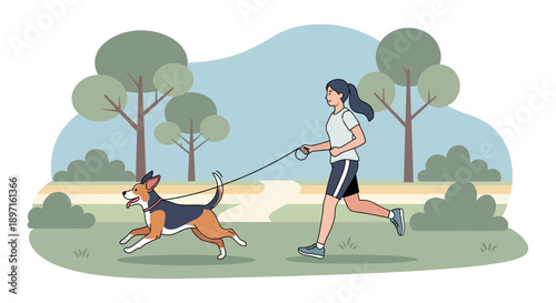Woman Jogging with Dog in Park Illustration.
