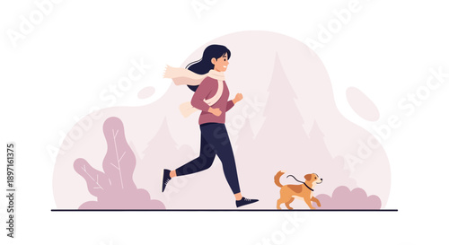 Woman jogging with her dog enjoying a healthy outdoor lifestyle.