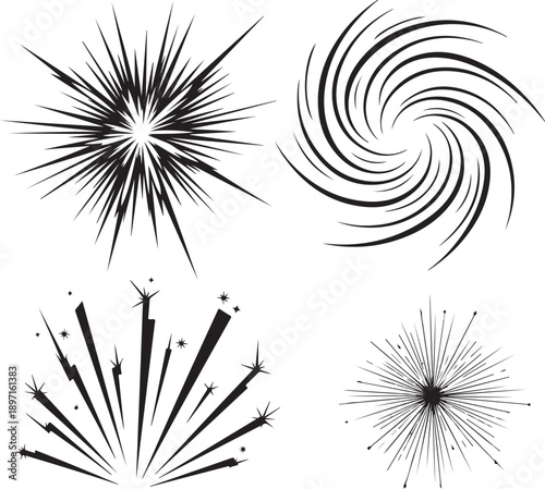 Line sparkle vector set with comic style decorative lines. Burst effects and dynamic black radial patterns designed to enhance illustrations, comics and graphic designs with energetic visual elements.