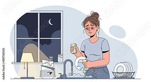 Woman washing dishes late at night feeling tired and overwhelmed.