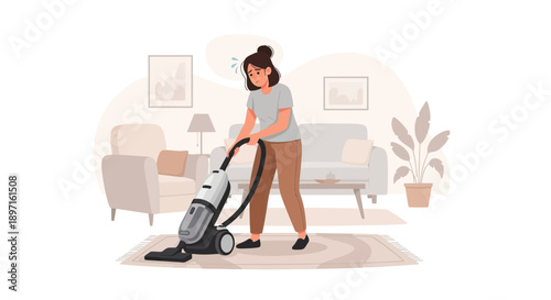 Woman vacuuming carpet in living room with modern vacuum cleaner.