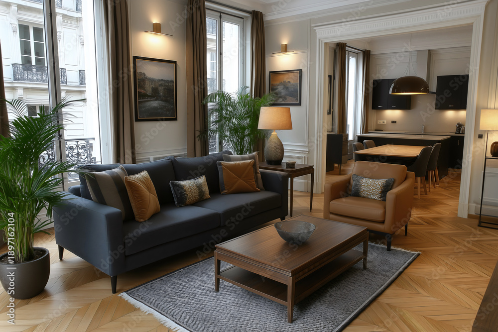 Fototapeta premium Open plan parisian apartment living room, navy blue sofa, golden pillows, herringbone parquet flooring, french windows, potted palm plants, leather armchair and modern kitchen.