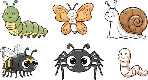 Cute Cartoon Insect Character Illustration Set Featuring Caterpillar, Butterfly, Snail, Bee, Spider, and Worm for Kids, Education, and Nature Design