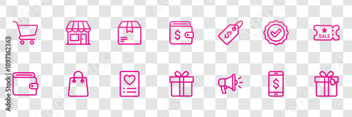 Modern Pink E-commerce and Shopping Line Icons Set Retail, Payment, Delivery and Marketing Vector