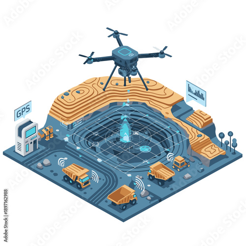 Isometric illustration of a drone monitoring an open-pit mine with dump trucks, focusing on ESG performance data visualization.