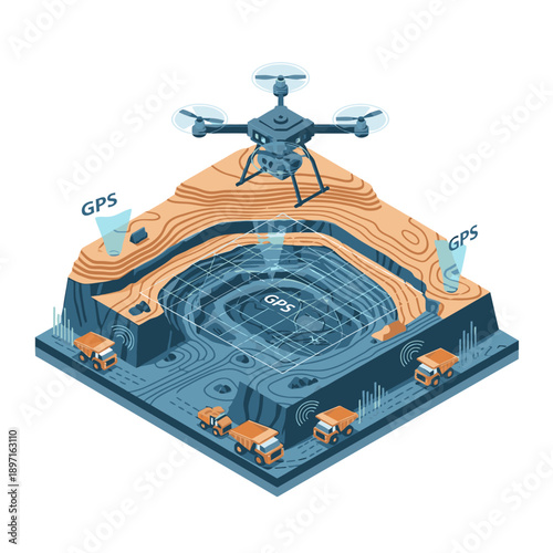 Isometric illustration of a drone monitoring an open-pit mine with dump trucks, focusing on ESG performance data visualization.