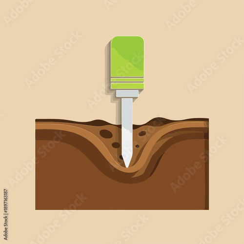 Illustration of a soil moisture meter inserted into the ground to measure humidity levels