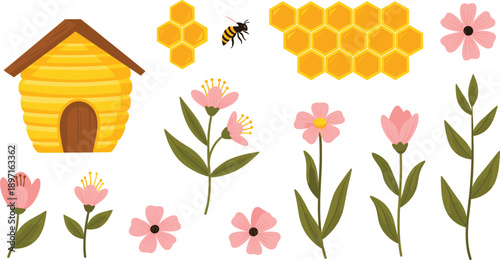 Beehive and Honey Illustration Set with Honeycomb, Bee, and Flower Elements for Beekeeping, Organic Honey Products, Nature, and Botanical Design