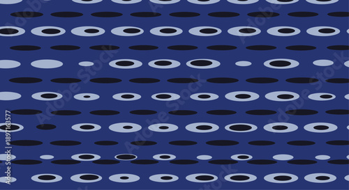 Dark blue background features a regular pattern of light blue and black oval shapes resembling abstract eye or dot motifs.