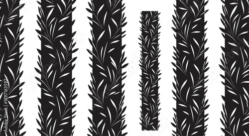 Elegant high-contrast pattern features vertical black and white stripes decorated with delicate climbing leafy vines and foliage.