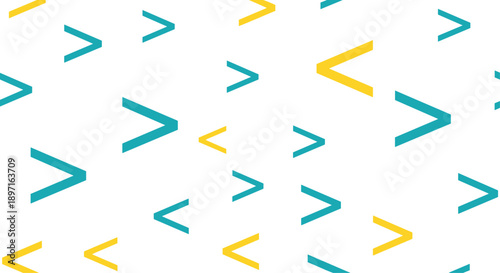 Minimalist seamless pattern displays colorful arrow or chevron shapes in teal and yellow scattered on a clean white background.