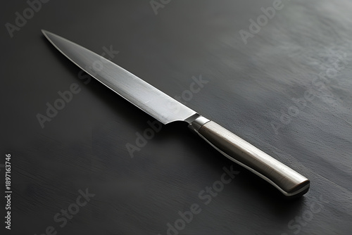 A chef's knife lies on a dark surface viewed from above showcasing its sharp blade and silver handle