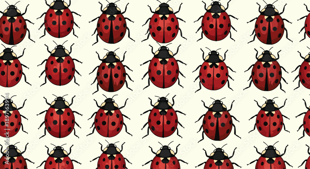 Fototapeta premium Repeating pattern features numerous red ladybugs with black spots neatly arranged in rows on a light cream colored background.