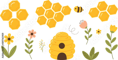 Beehive and Honey Illustration Set with Honeycomb, Flowers, Bee, and Nature Elements for Beekeeping, Organic Products, and Eco Design