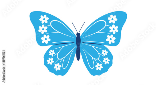 Beautiful symmetrical blue butterfly features white flower and dot patterns on its large wings and is set against a white background.
