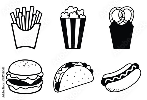 Collection of Fast Food Icons: Fries, Popcorn, Pretzels, Burger, Taco, Hot Dog